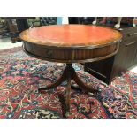 ANTIQUE STYLE DRAWN TABLE WITH EMBOSSED VINYL TOP, FOUR DRAWERS SITTING ON PEDESTAL BASE WITH LION