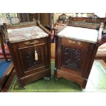 PAIR OF VICTORIAN CARVED MAHOGANY COAL CUPBOARDS WITH MARBLE TOP NAND BRASS HANDLES AND ORIGINAL