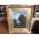 A GILT FRAMED OIL PAINTING FARM SCENE WITH FARMER AND LIVESTOCK