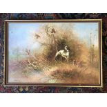 LARGE OIL PAINTING OF HUNTING SPANIEL DOG CHASING PARTRIDGE, SIGNED KINGSMAN GOOD CONDITION 60 X 90