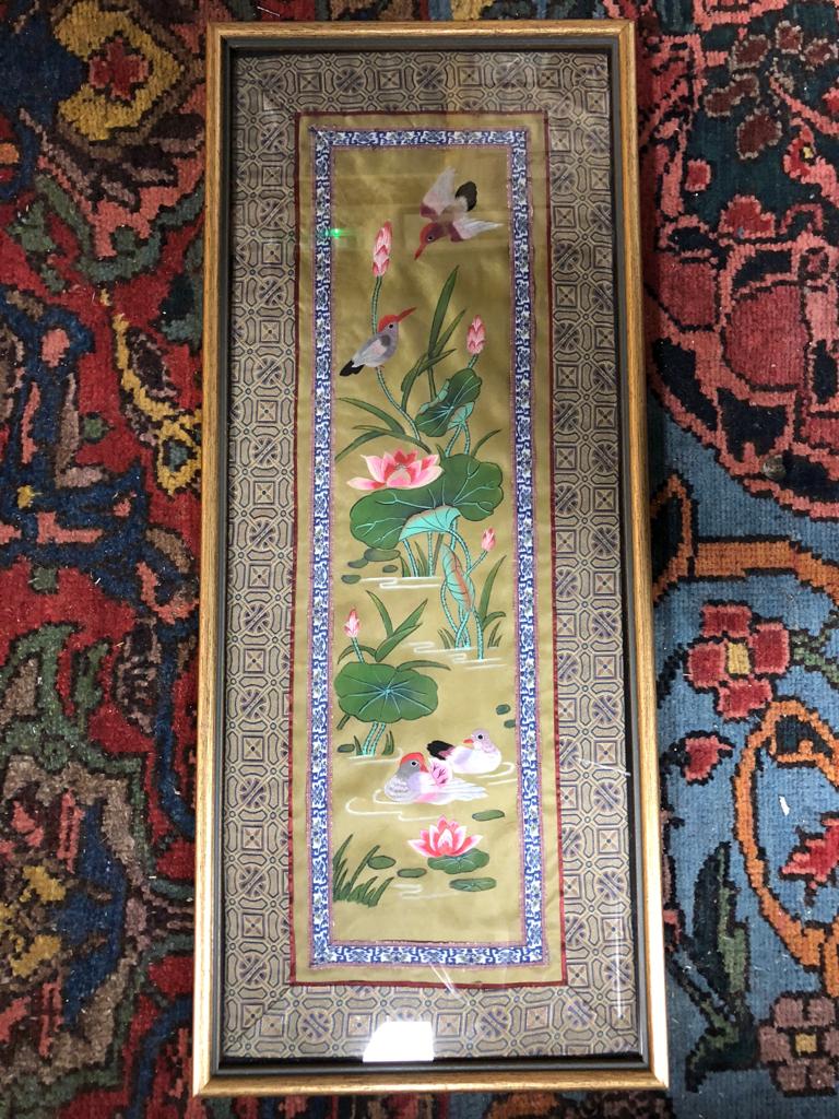 FRAMED CHINESE SILKWORK TAPESTRY OF BIRDS AND LOTUS FLOWER H X 63 W X 27