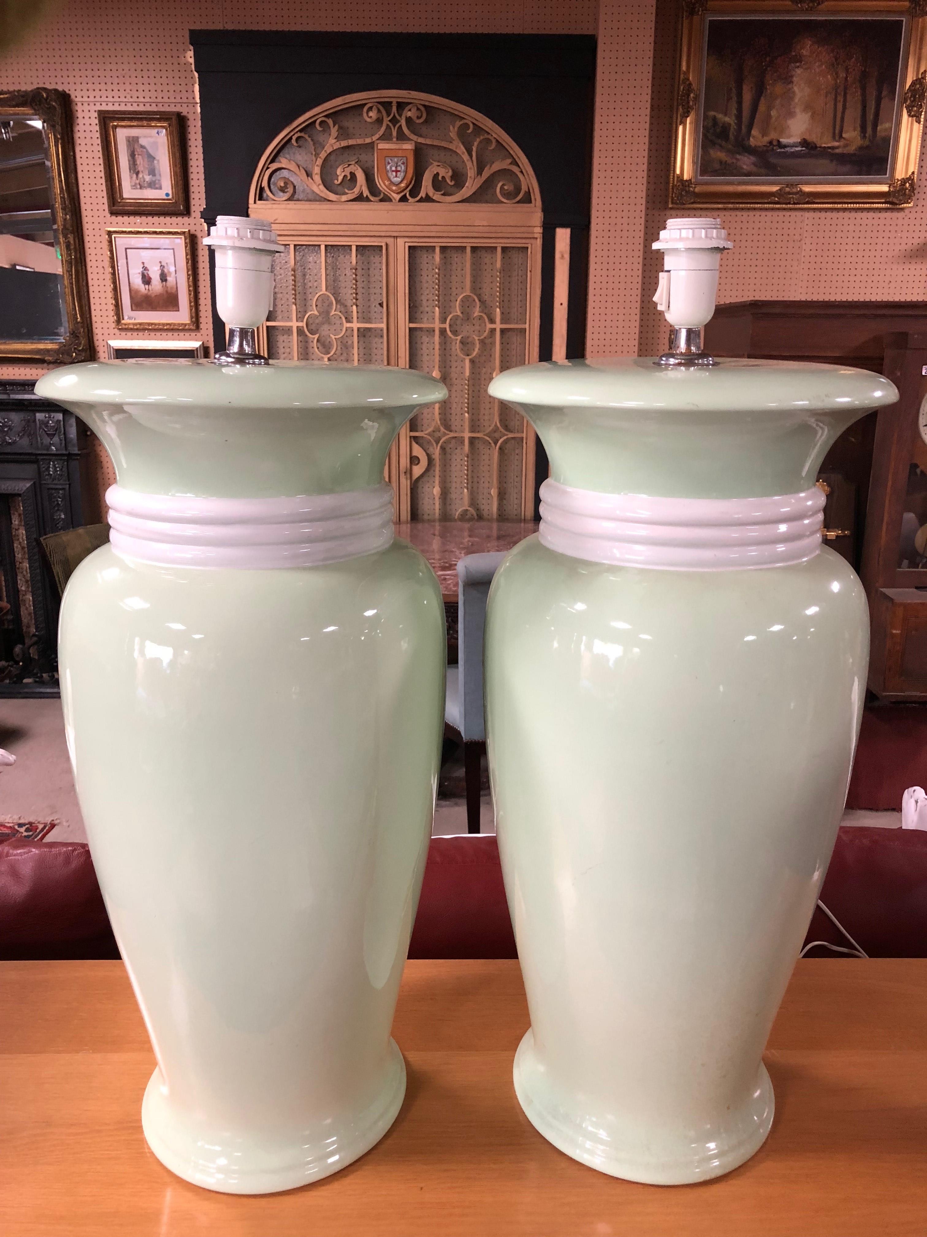 PAIR OF LARGE FLOORSTANDING CERAMIC DECO GREEN LAMPS