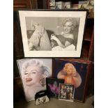 BLACK AND WHITE PHOTO OF MAROLYN MONROE, PLUS 4 FRAMED PICTURES OF MAROLYN AND A CALENDER