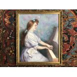 AN OIL PAINTING OF A YOUNG LADY PIANIST IN GILT FRAME