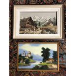 RAUGEL A SIGNED OIL PAINTING ALPINE SCENE AND ANOTHER OIL OF GLASS