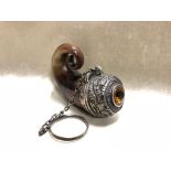 ANTIQUE SOLID SILVER THISTLE ENGRAVED TOP MOUNTED ON HORN PERFUME DISPENSER WITH LARGE CITRINE STONE