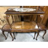 NEST OF THREE VINTAGE GLASS TOPPED WALNUT VENEER TABLES WITH CARVED DETAILING. LOT TO INCLUDE A