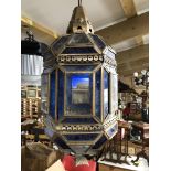VINTAGE HEXAGONAL MOROCCAN LANTERN BLUE AND CLEAR GLASS PANELS GOOD CONDITION H X 45CM D X 24CM W
