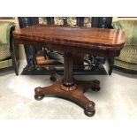 VICTORIAN FLAME MAHOGANY FOLDING CARD TABLE ON CARVED PEDESTAL BASE WITH CASTORS GOOD CONDITION H