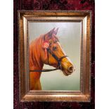 GUILTWOOD FRAME ACRYLIC ON CANVAS, PAINTING OF PRIZE WINNING HORSE SIGNED PETER GOODHALL H X 51 W