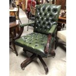 GREEN UPHOLSTERED CHESTERFIELD STYLE DESK CHAIR WITH SWIVEL BASE ON CASTORS GOOD CONDITION SEAT