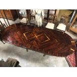 LARGE EXOTIC WOOD D END TWIN PEDESTAL LEG DINING TABLE WITH FOLDING LEAF