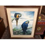 AN ORNITHOLOGICAL OIL PAINTING STUDY OF BLUE MACAWS SIGNED
