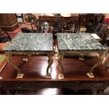 PAIR OF FLORENTINE / MARBLE TOP SIDE TABLES WITH GUILDED CABRIOLE SCROLL END FEET GOOD CONDITION H X