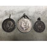 JOB LOT OF THREE WHITE METAL COINS / MEDALS TO HANG ON CHAIN. TO INCLUDE BRITISH 1914 - 1918 COIN,