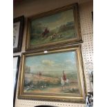 PAIR OF GUILTWOOD FRAMED OIL ON CANVAS PAINTINGS OF HUNTSMAN WITH HOUNDS