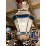 VINTAGE MOROCCON HEXAGONAL LANTERN WITH DECORATIVE EMBOSSED METAL WORK AND COLOURED AND CLEAR
