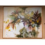 BAMBOO FRAME ACRYLIC ON CANVAS PAINTING OF FLOWERS STEPHEN KAY H X 125 W X 155W