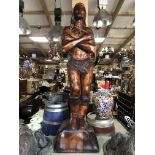 LIFE SIZE HAND CARVED WOODEN STATUE OF NATIVE AMERICAN INDIAN GOOD CONDITION H X 210 D X 40 W X 60