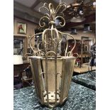 VINTAGE GILDED DECORATIVE WROUGHT IRON AND GLASS LANTERN GOOD CONDITION H X 40CM D X 22CM W X 22CM