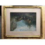 WATER COLOUR OF TWO STAGS FIGHTING IN SCOTTISH HIGHLANDS SIGNED IN GUILTWOOD FRAME CIRCA 1880'S