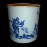 A LARGE CHINESE BLUE AND WHITE PORCELAIN CYLINDRICAL POT Hand painted with figures and animals. (