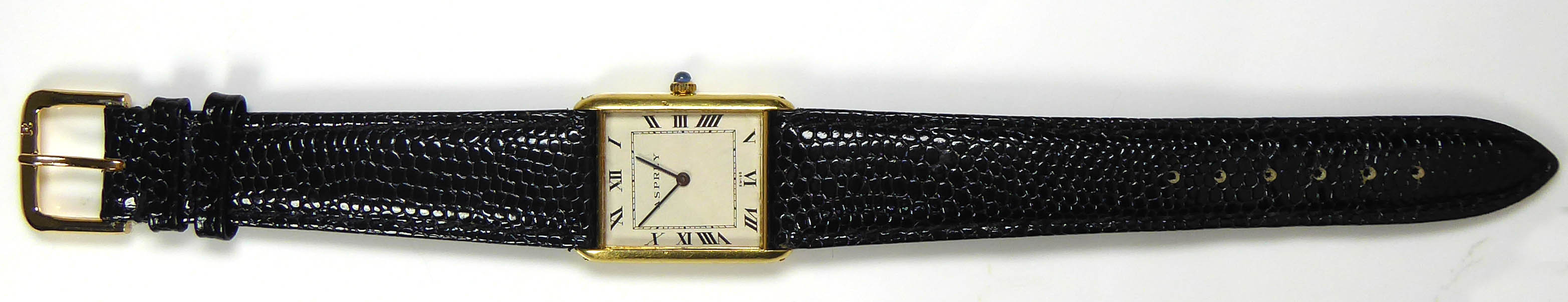 ASPREY, A VINTAGE 18CT GOLD GENT'S WRISTWATCH The rectangular dial with sapphire set winder, - Image 2 of 6