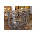 A 20TH CENTURY FRENCH WROUGHT IRON CONSOLE TABLE Having a distressed painted top over scroll motifs,