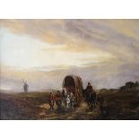 FOLLOWER OF DAVID COX, 1783 - 1859, A 19TH CENTURY OIL ON CANVAS Landscape, travellers and a horse