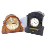 TWO EARLY 20TH CENTURY MANTLE CLOCKS Including a black Belgium slate clock bearing an Odd Follows