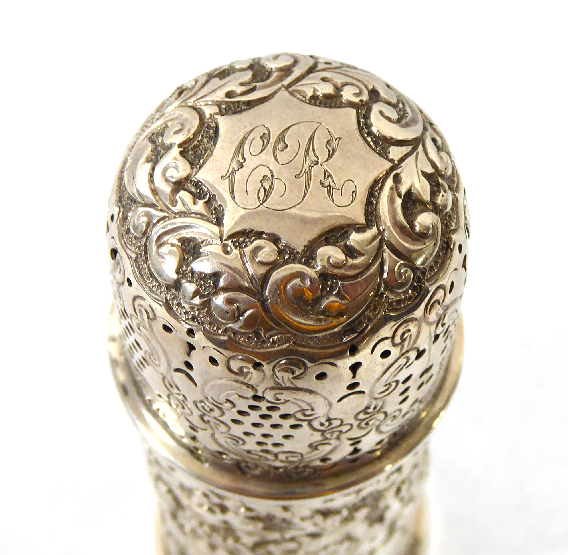 A CASED EDWARDIAN SILVER SUGAR SIFTER The dome top finely pierced with scrolled cartouches, the body - Image 3 of 4