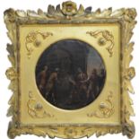 A 17TH/18TH CENTURY ITALIAN OIL ON OAK PANEL 'Leading The Prisoner', in a gilt acanthus carved