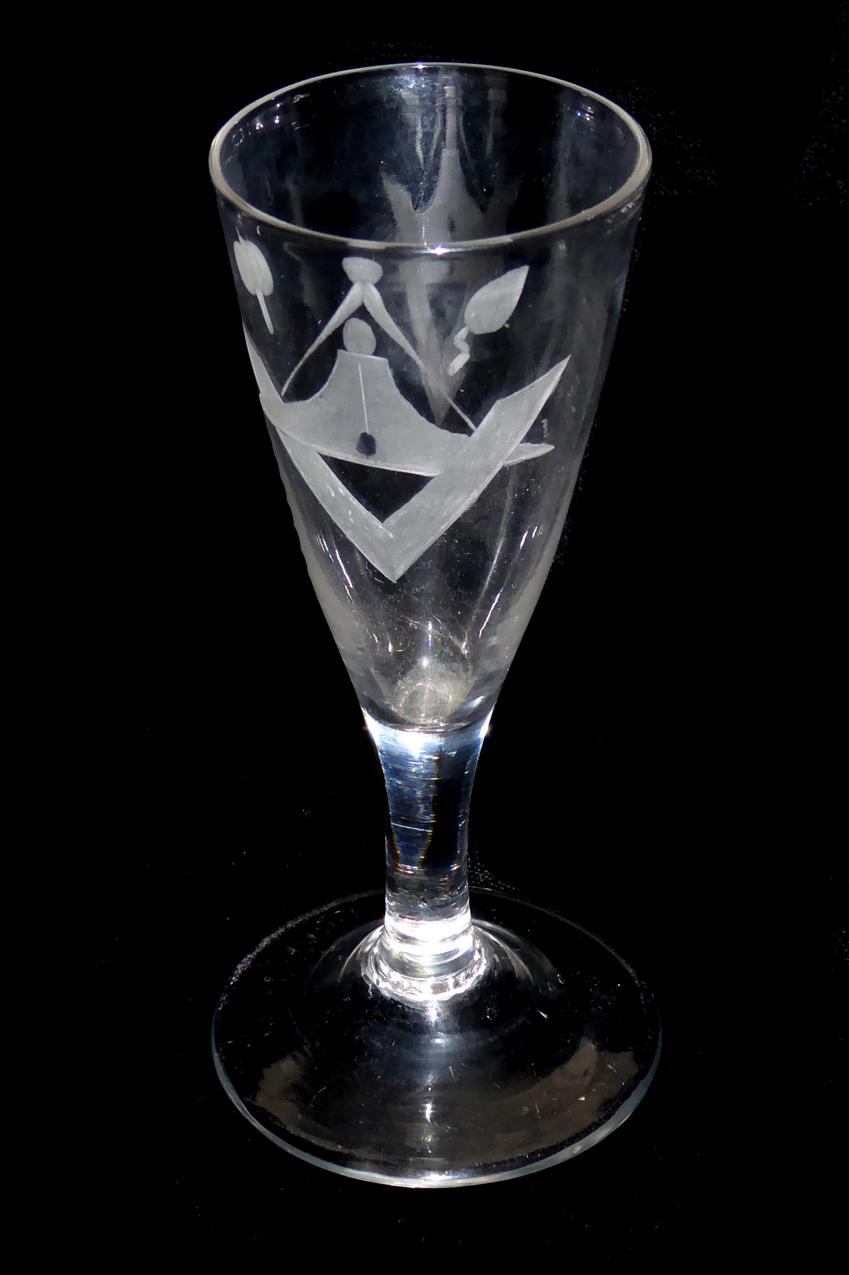 A LATE 18TH CENTURY ALE GLASS With tapering plain stem and bowl engraved at one side, with Masonic