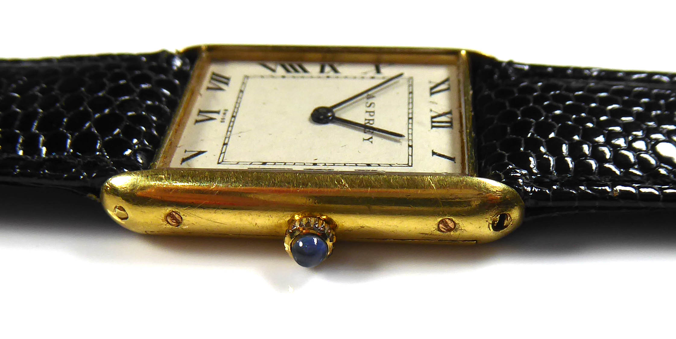 ASPREY, A VINTAGE 18CT GOLD GENT'S WRISTWATCH The rectangular dial with sapphire set winder, - Image 3 of 6