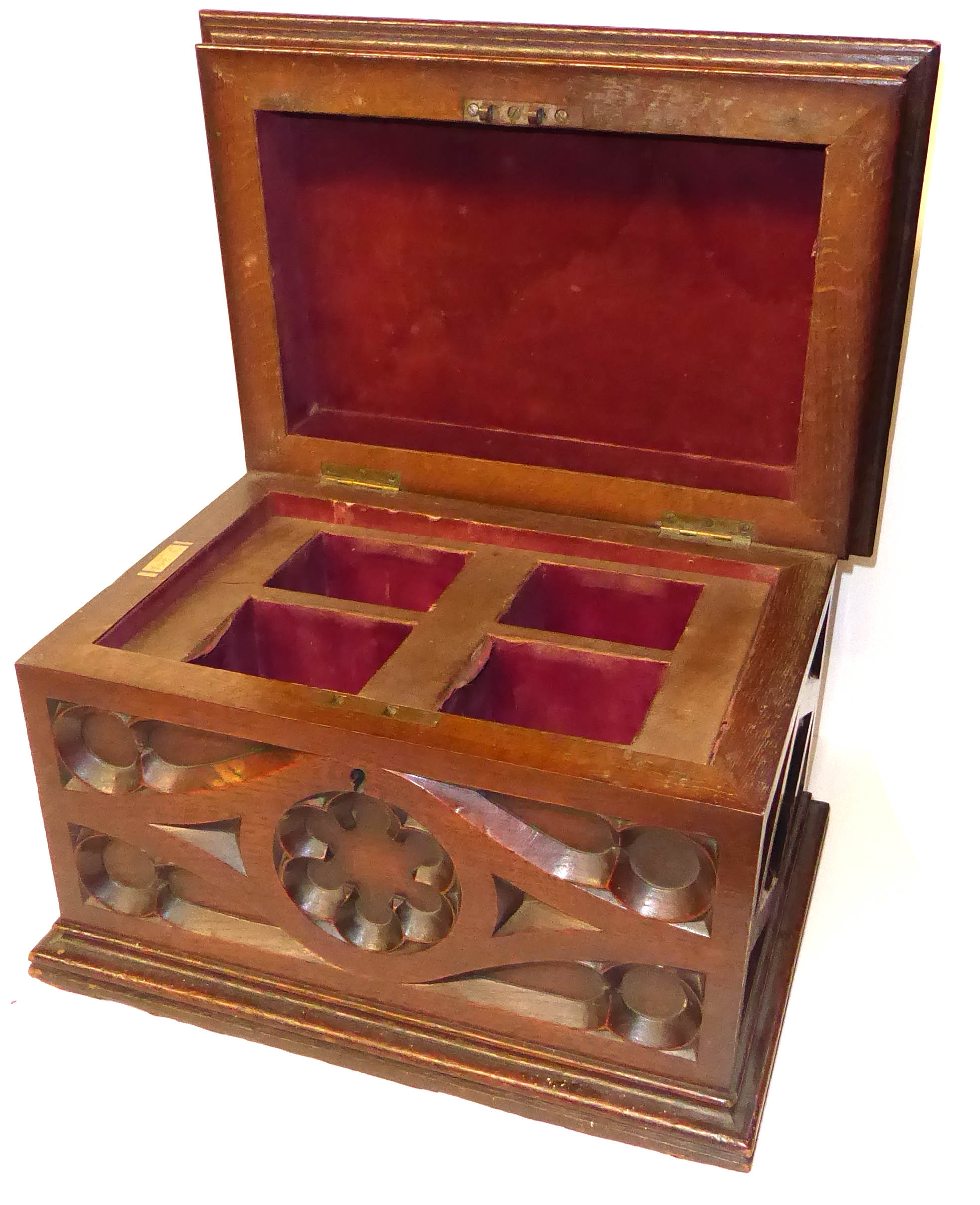 A 19TH CENTURY GOTHIC OAK DECANTER BOX Sarcophagus form with blind fretwork decoration, opening to - Image 2 of 2