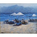 KEN HOWARD, R.A., B. 1932, OIL ON ARTIST BOARD Landscape, Continental beach scene, bearing