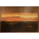 A 17TH CENTURY DUTCH OIL ON OAK PANEL Landscape, sunset, in a decorative giltwood and gesso