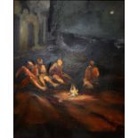 A 20TH CENTURY OIL ON BOARD Figures around a fire, indistinctly signed, dated lower right '07 and