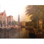 A 20TH CENTURY OIL ON CANVAS Townscape, boats on a canal, signed lower 'J. Van Riemsdyk?' and