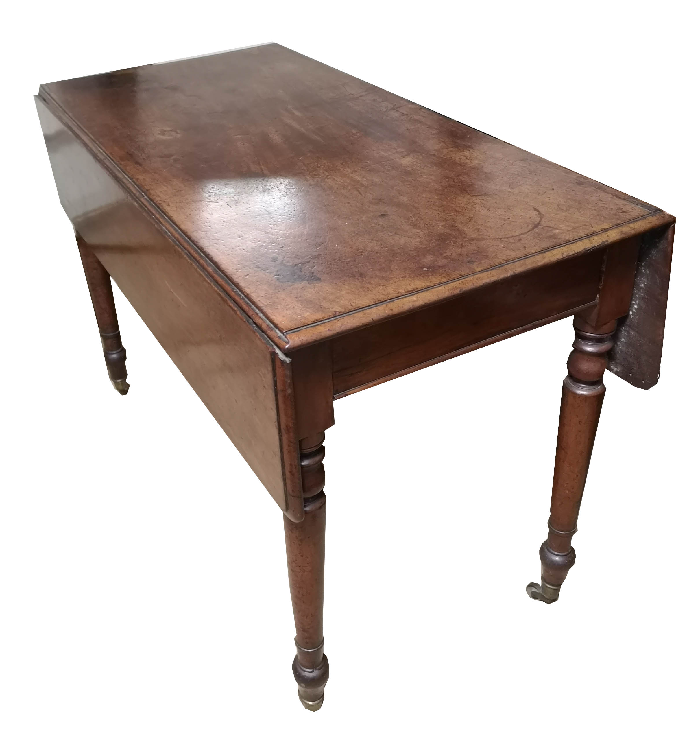 A 19TH CENTURY MAHOGANY PEMBROKE TABLE Raised on turned legs. (h 72cm x l 104cm x w 52cm)