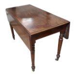 A 19TH CENTURY MAHOGANY PEMBROKE TABLE Raised on turned legs. (h 72cm x l 104cm x w 52cm)