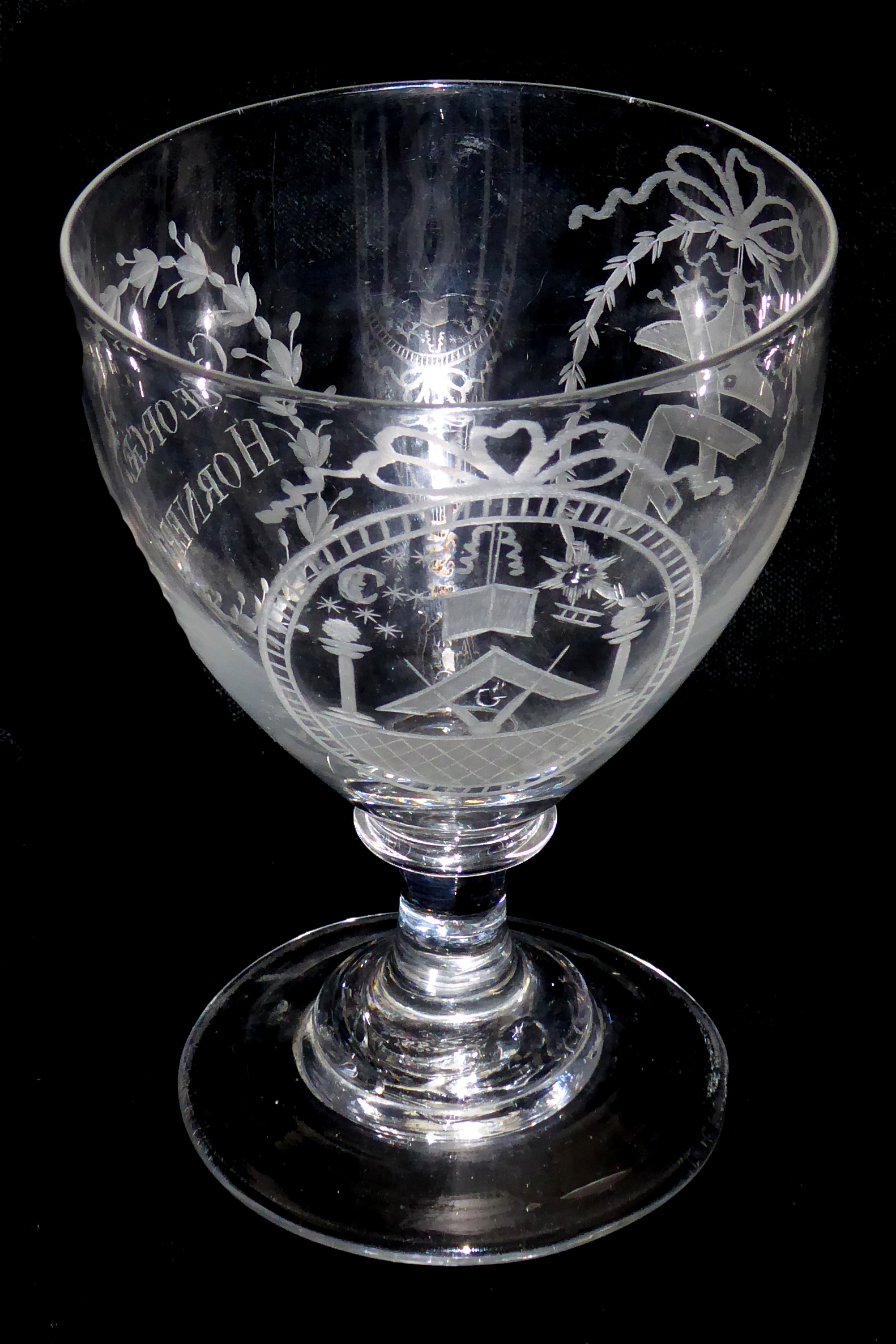 AN EARLY 19TH CENTURY RUMMER With capstan stem and wide ovoid bowl engraved with two ribbon tied - Image 3 of 5