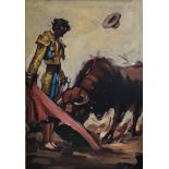 OIL ON CANVAS, PORTRAIT OF A SPANISH BULL FIGHT Toreador with red flag and bull, indistinctly signed