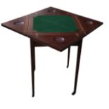 AN EDWARDIAN MAHOGANY ENVELOPE CARD TABLE With line inlay, a single drawer and green baize,