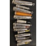 A COLLECTION OF EIGHT HALLMARKED SILVER CHEROOT CASES Six with cheroots. (largest 7cm)