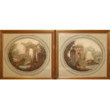 A PAIR OF EARLY 19TH CENTURY HAND COLOURED OVAL ENGRAVINGS Landscapes, classical columns with