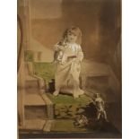 A 19TH CENTURY WATERCOLOUR Little girl protecting her kitten from a puppy, framed and glazed. (