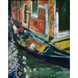JOHN BRATBY, 1928 - 1992, OIL ON CANVAS Venetian landscape, titled 'Gondola Resting by a Doorway',