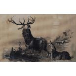 R.B., A LATE 19TH CENTURY SCOTTISH SCHOOL CHARCOAL AND PASTEL Royal stag and hunting dogs, framed