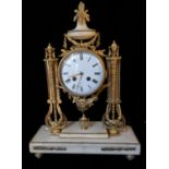 A 19TH CENTURY FRENCH WHITE MARBLE AND ORMOLU MANTLE CLOCK Classical style with urn finial, circular